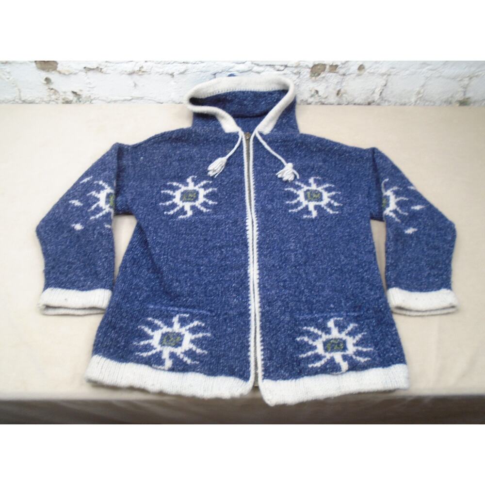 Unisex Full Zip Hoodie Chunky Wool Knit Sun Design Blue Size Medium